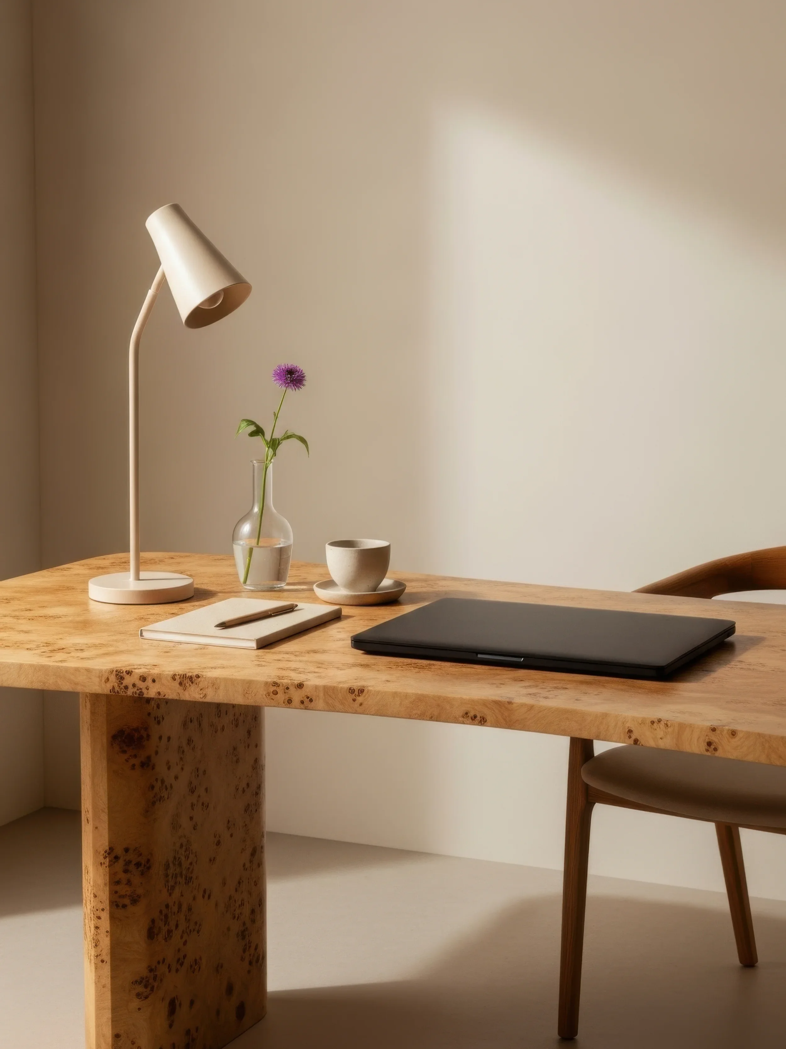 A minimalist table setup with a modern white desk lamp, a small glass vase with a purple flower, a white coffee cup with a saucer, a closed black laptop, a notebook, and a pen on a wooden table.