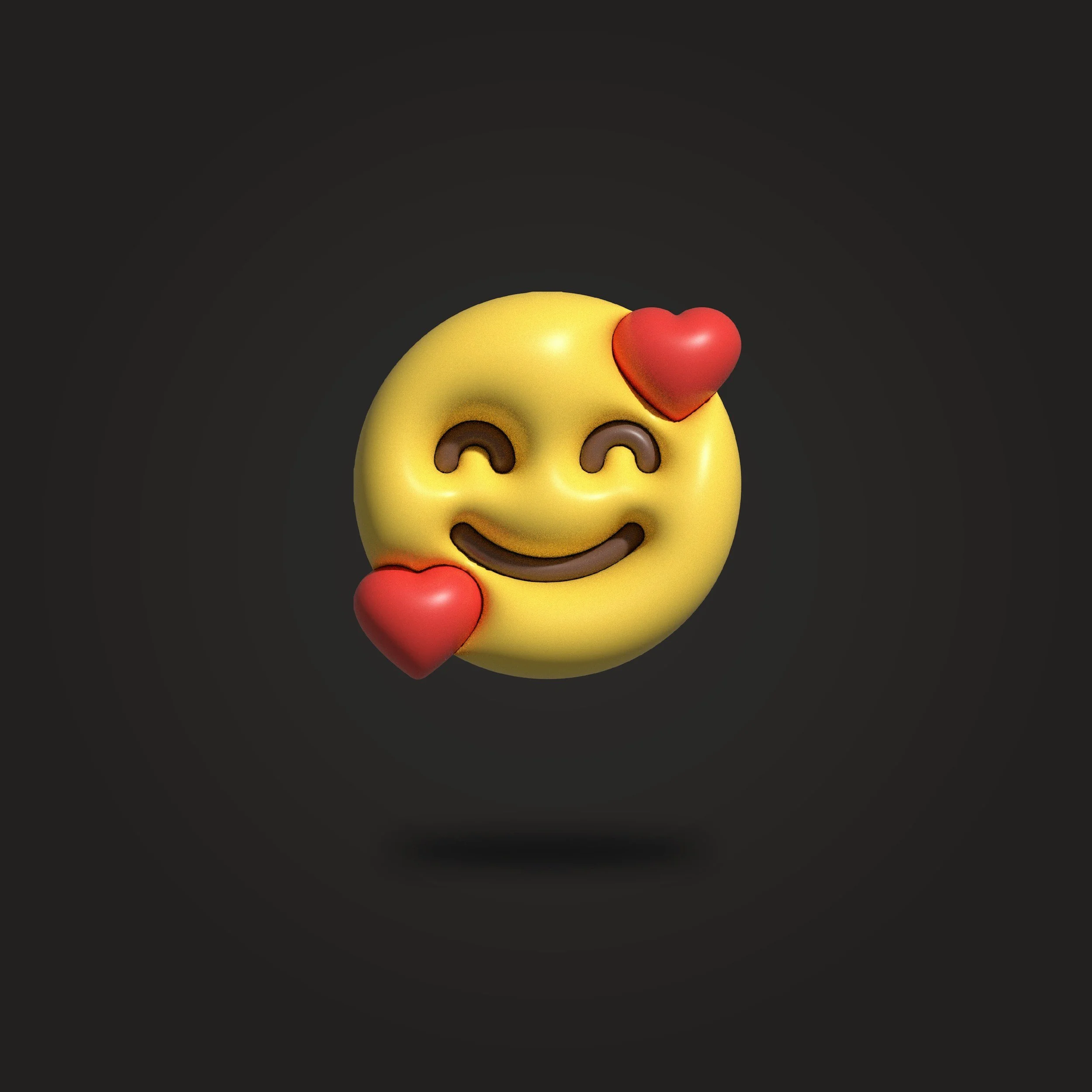 Smiley face with closed eyes and a broad smile, featuring two red hearts on each side, on a dark background.