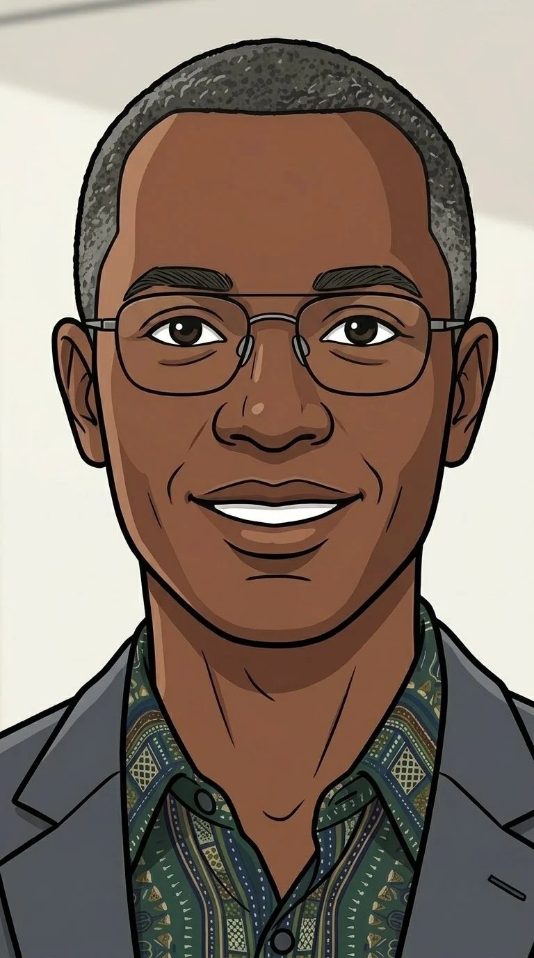 A cartoon-style portrait of a smiling middle-aged man with glasses, short gray hair, wearing a patterned shirt and a blazer.