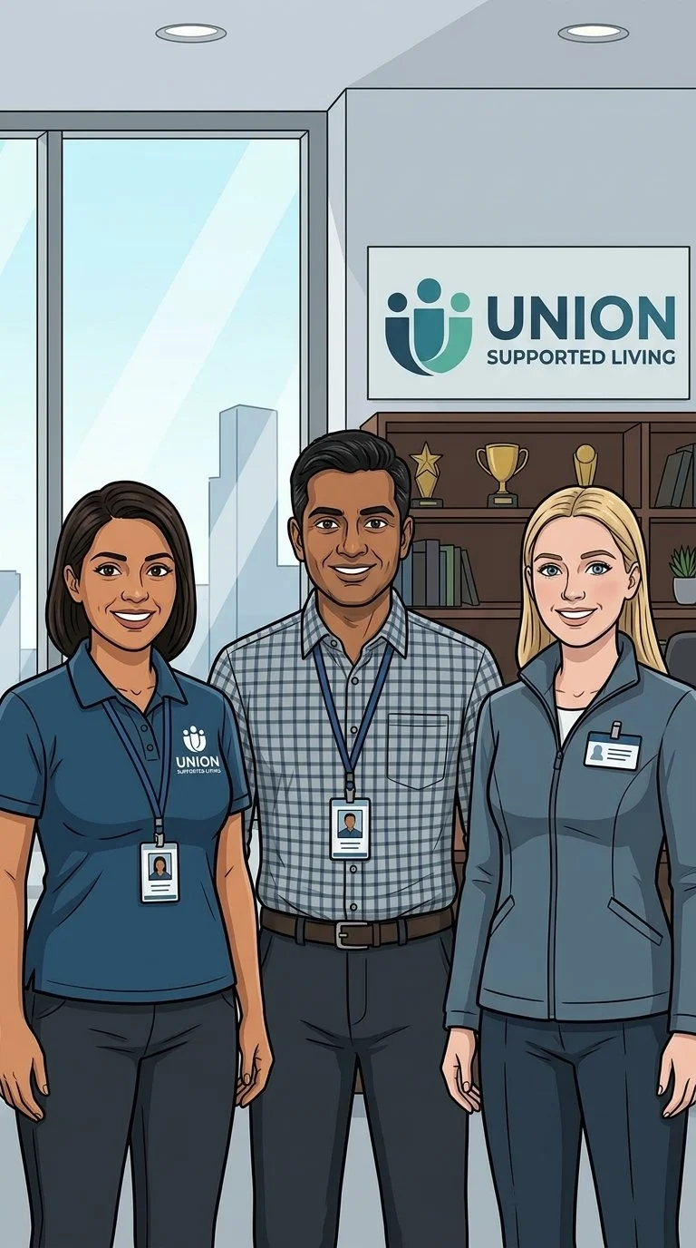 Three diverse support staff members standing in front of a bookshelf with trophies, in a modern office with a large window, all wearing uniforms with UNION logo and ID badges.