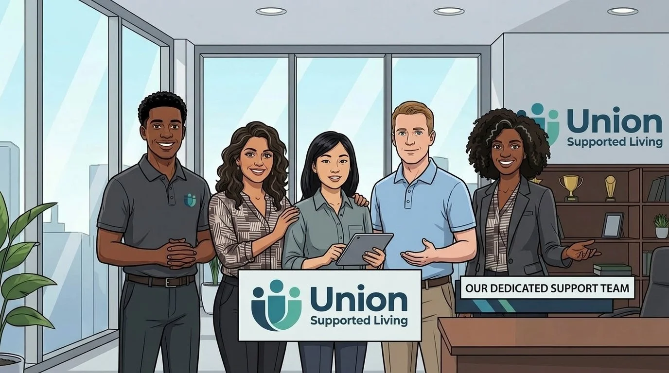 illustration of a smiling team of care professionals at union supported living