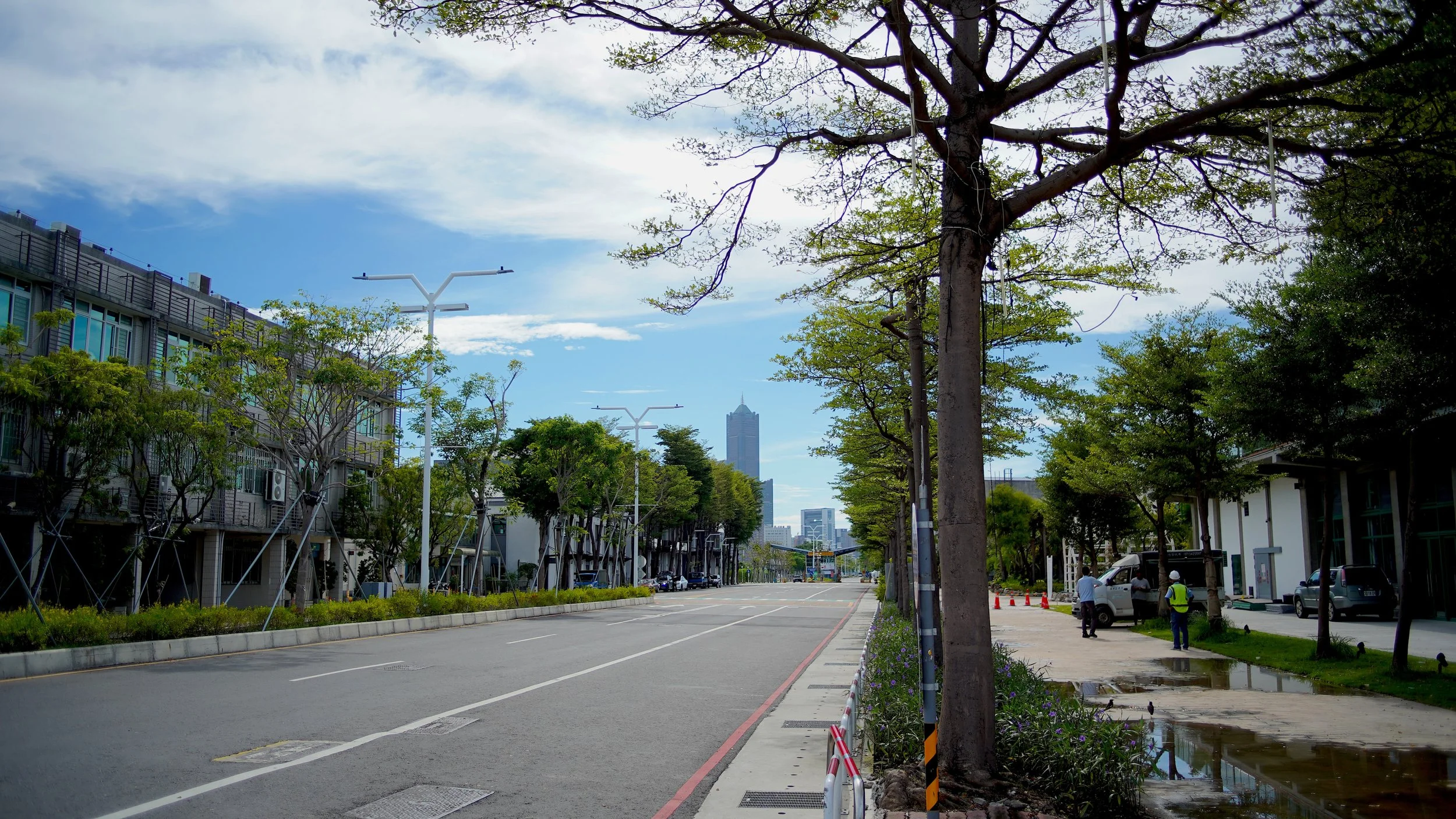 A wide street lined with trees and buildings under a blue sky with clouds, with a few people and construction cones on the sidewalk.
