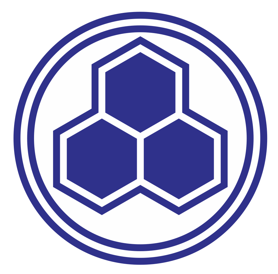 Blue and white circular logo with a honeycomb pattern of three interconnected hexagons in the center.
