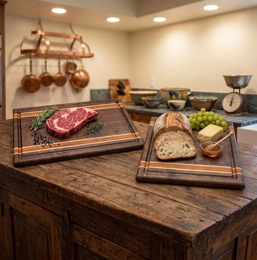 Luxury 2-Piece Walnut Heirloom Cutting Board Set | Artisan Mahogany & Maple Stripe Inlay | The Ultimate Gourmet Kitchen Gift