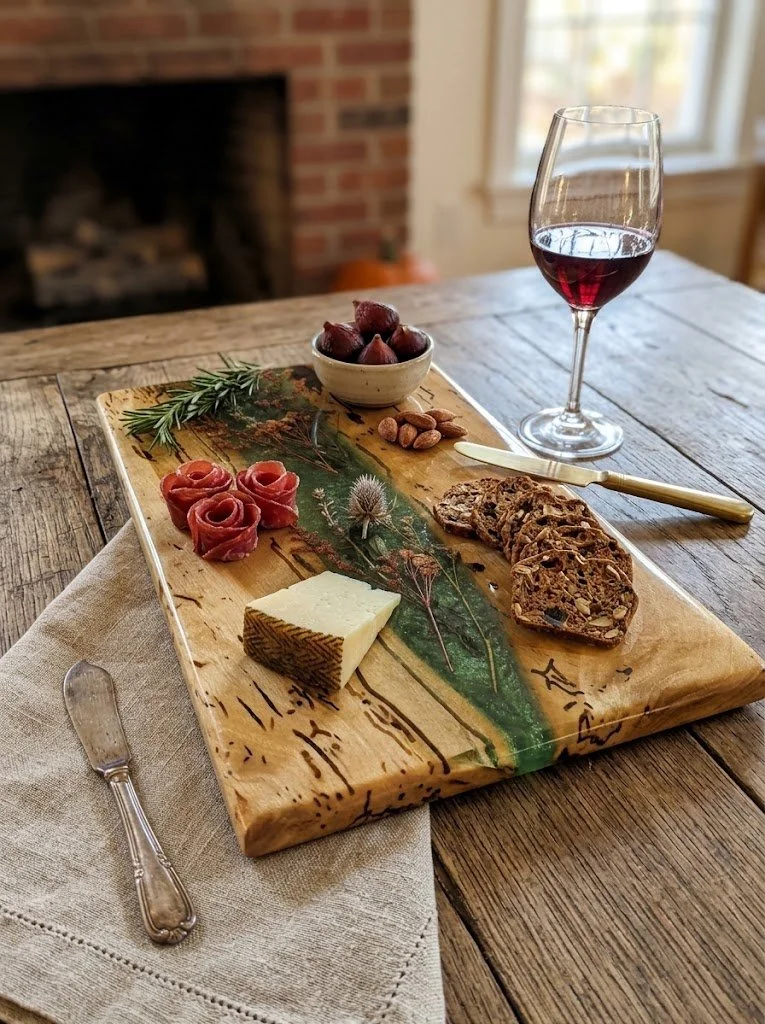 The Verdant Meadow: Handcrafted Walnut Sapwood & Botanical Resin Charcuterie Board