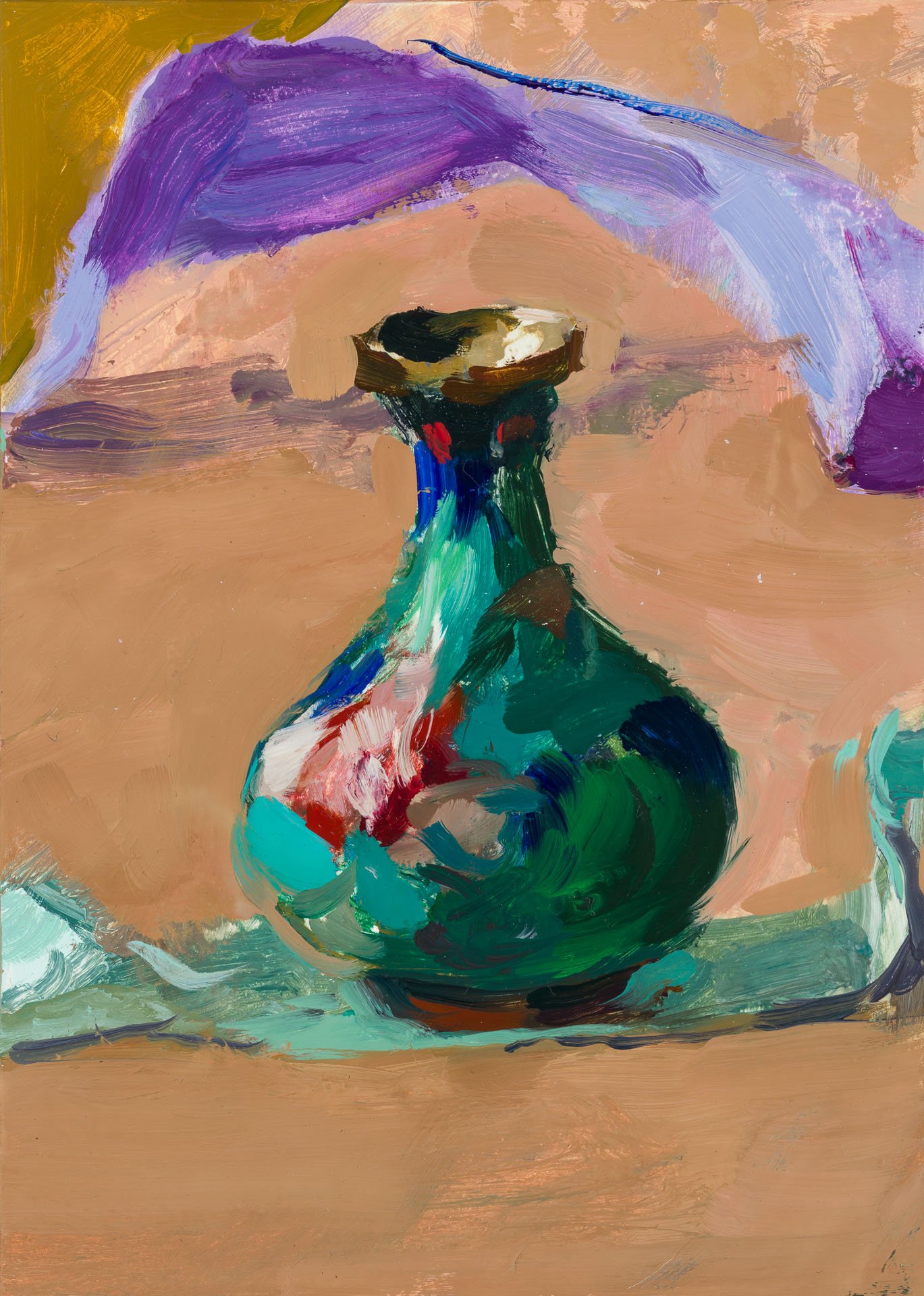 Abstract painting of a still life with a vase on a table, using broad, colorful brushstrokes in purple, green, red, blue, and beige.