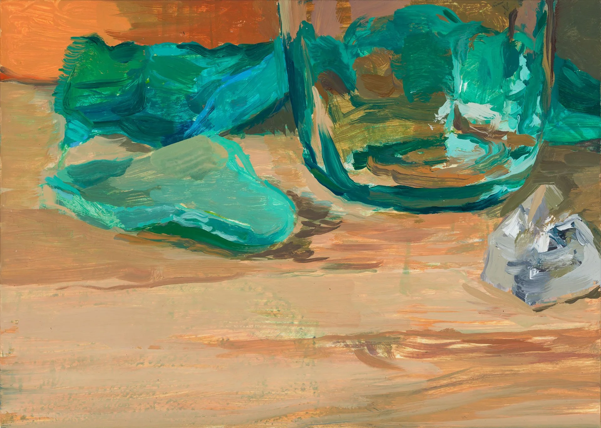 An abstract painting of a teal and white bowl with a matching lid, placed on a wooden surface, with a small gray and white object to the right.