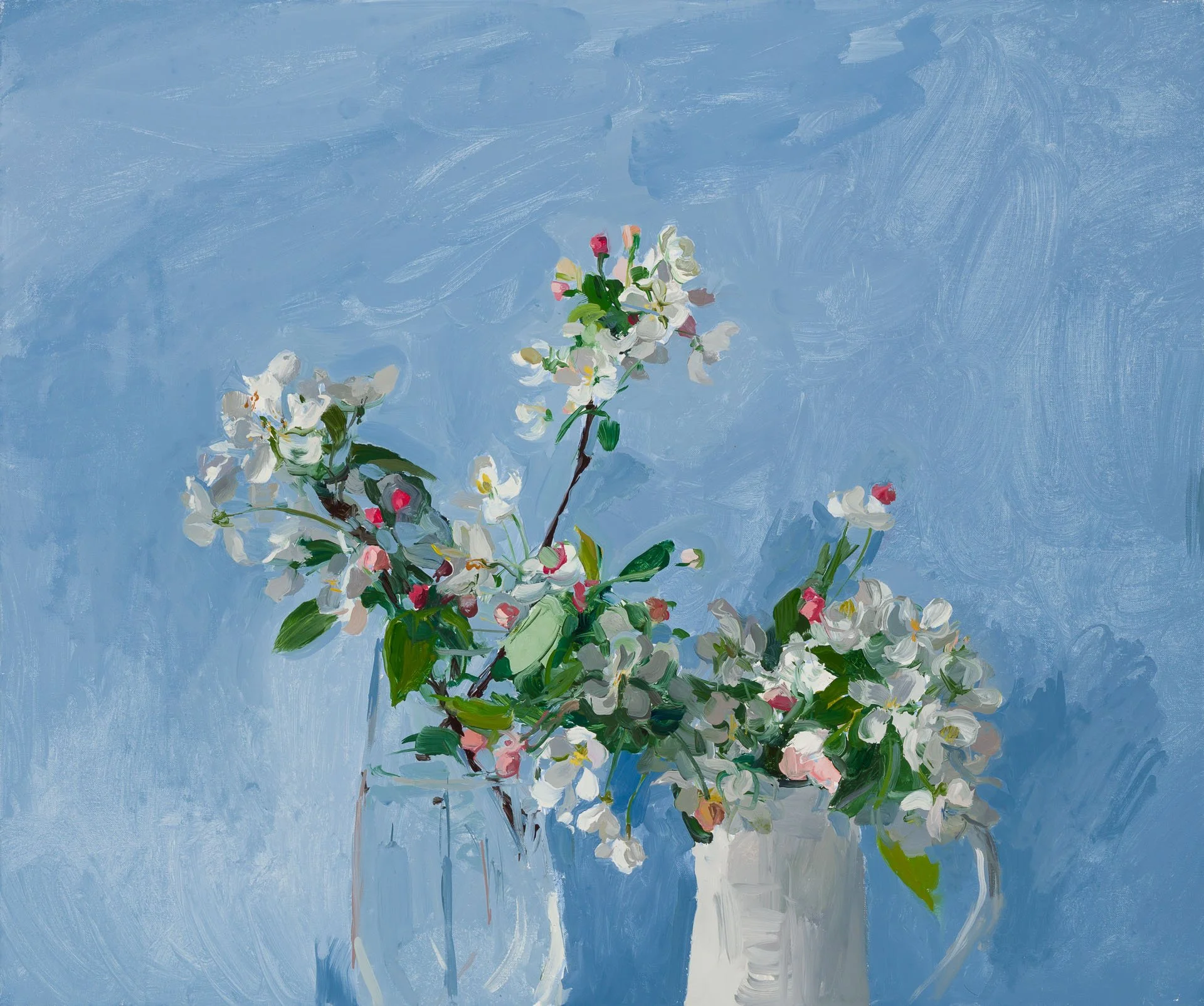 Painting of white and pink flowers on green stems against a blue background.