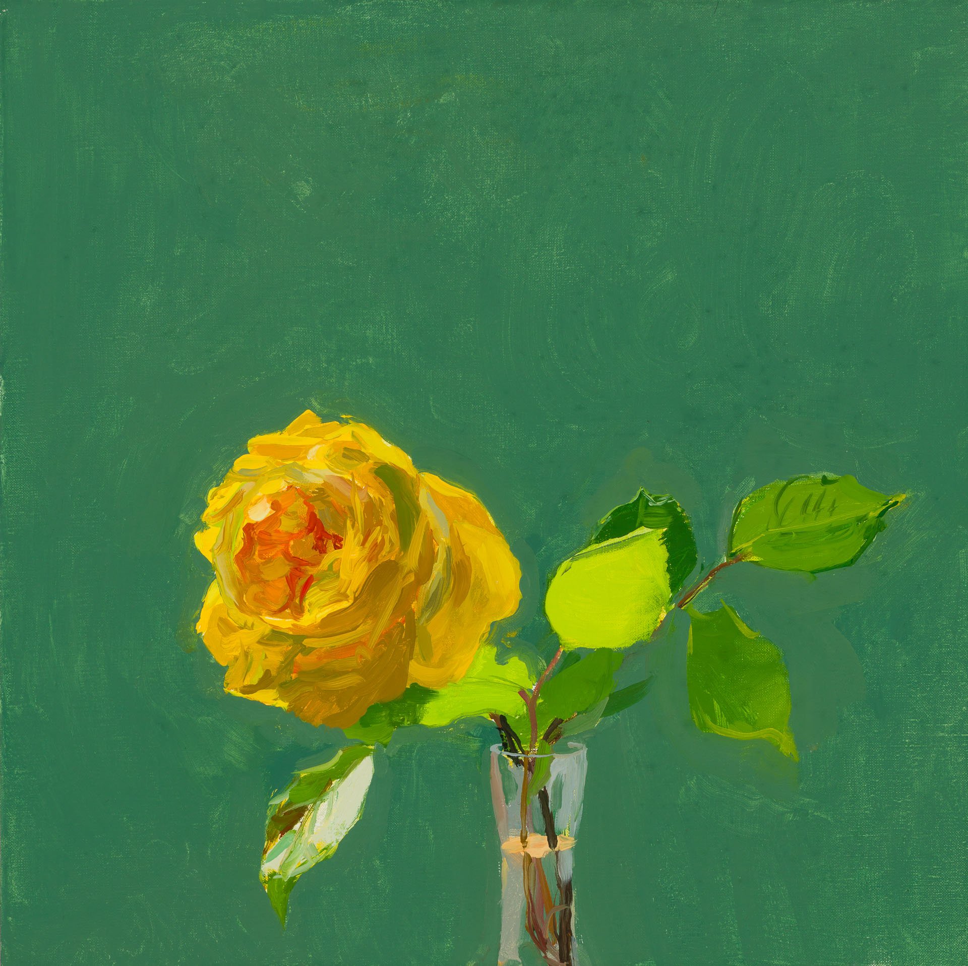An impressionistic painting of a yellow and orange flower with green leaves on a green background.
