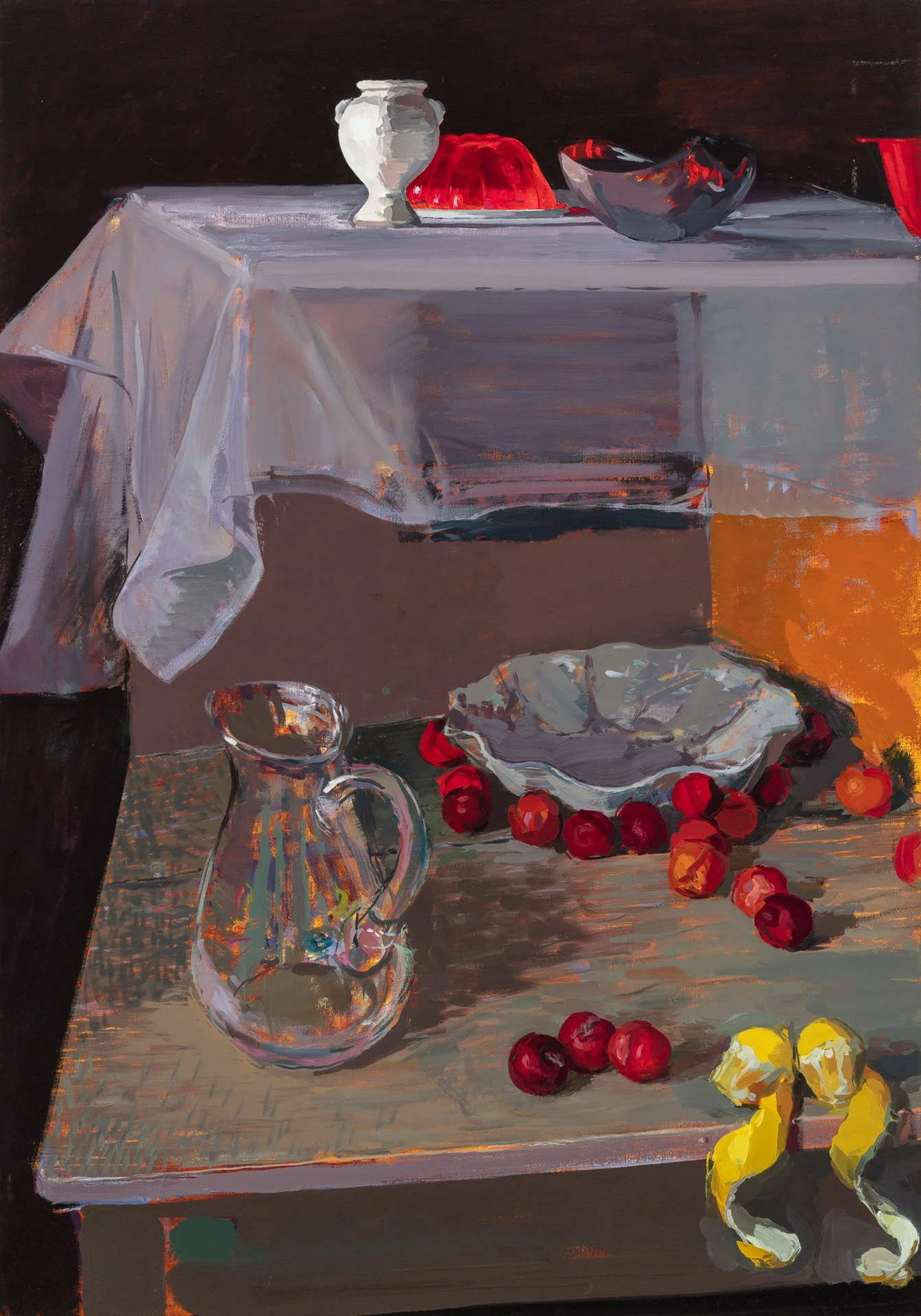 A still life painting of a table with a white tablecloth, a glass pitcher, a bowl with red fruit, and scattered cherries and lemons.