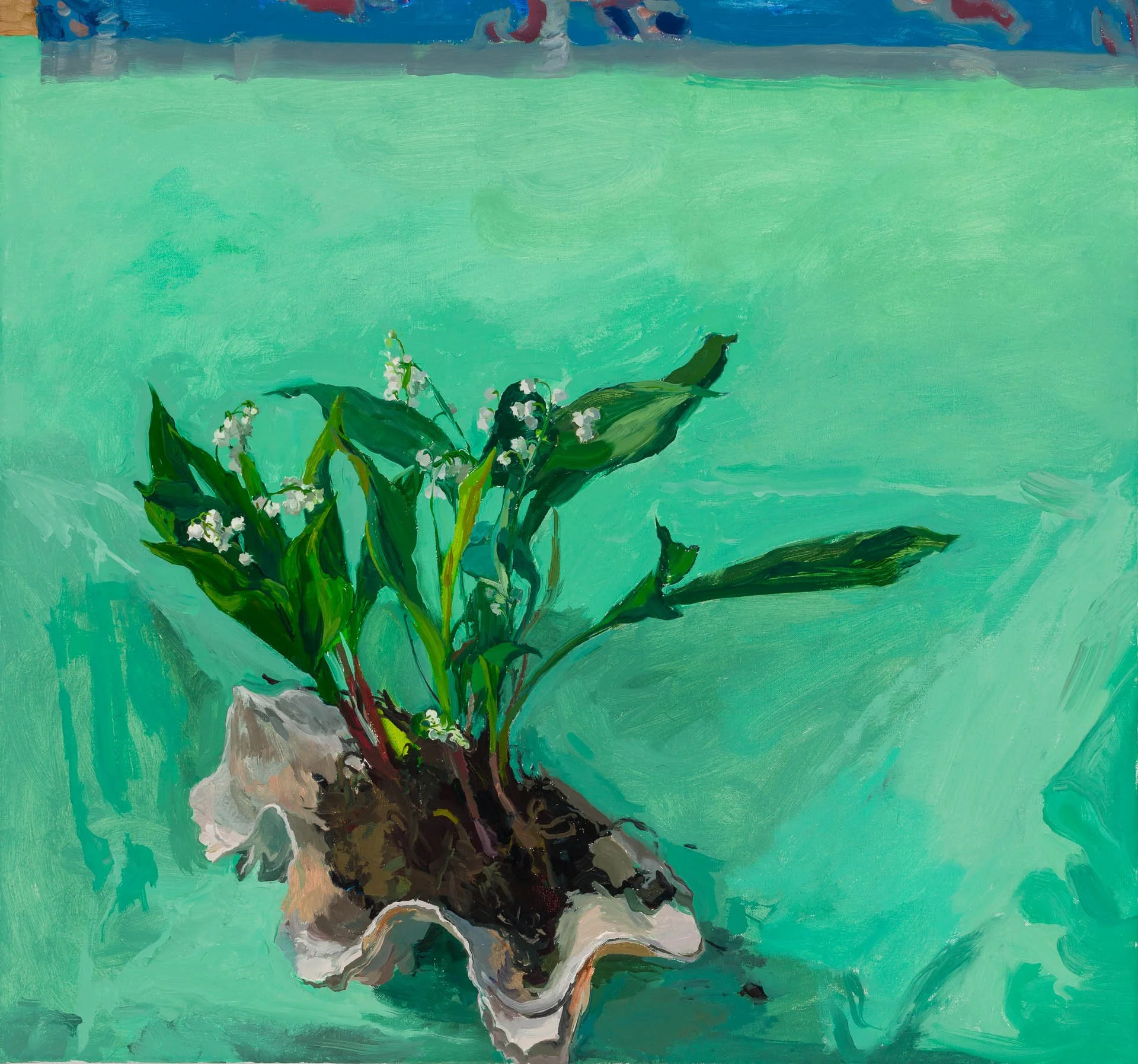 A painting of a plant with green leaves and white flowers set against a turquoise background.