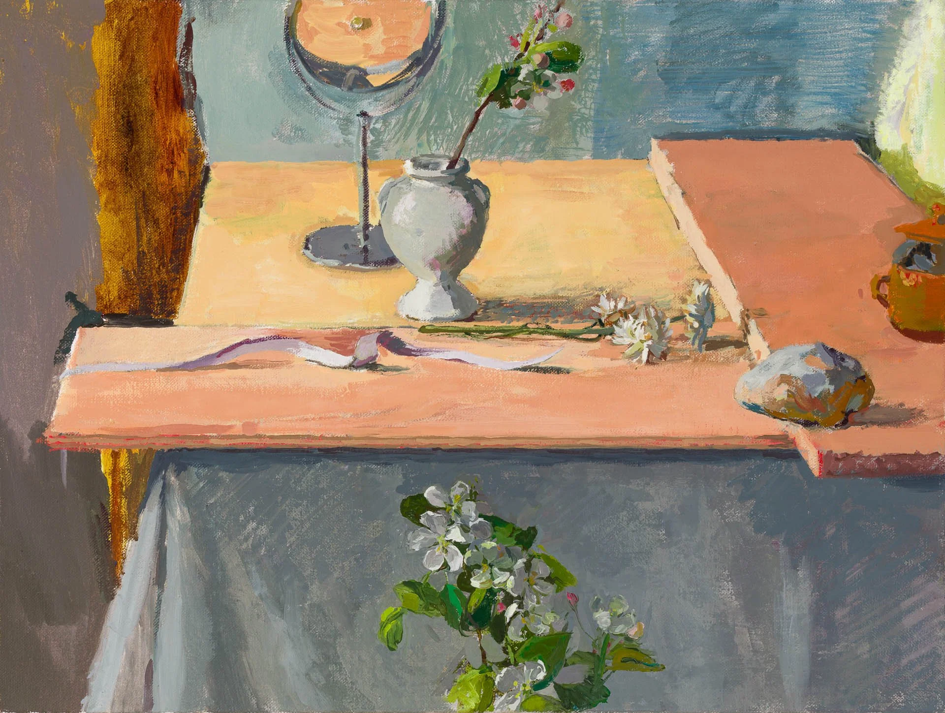 A still life painting of a table with a vase of flowers, a lamp, a book, and decorative stones, held in warm, vibrant colors.