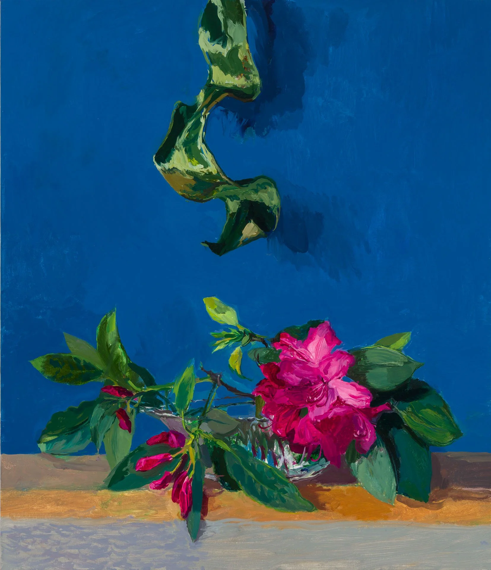 A painting of pink hibiscus flowers with green leaves on a branch, set against a vivid blue background, with a beige and gray ground at the bottom.