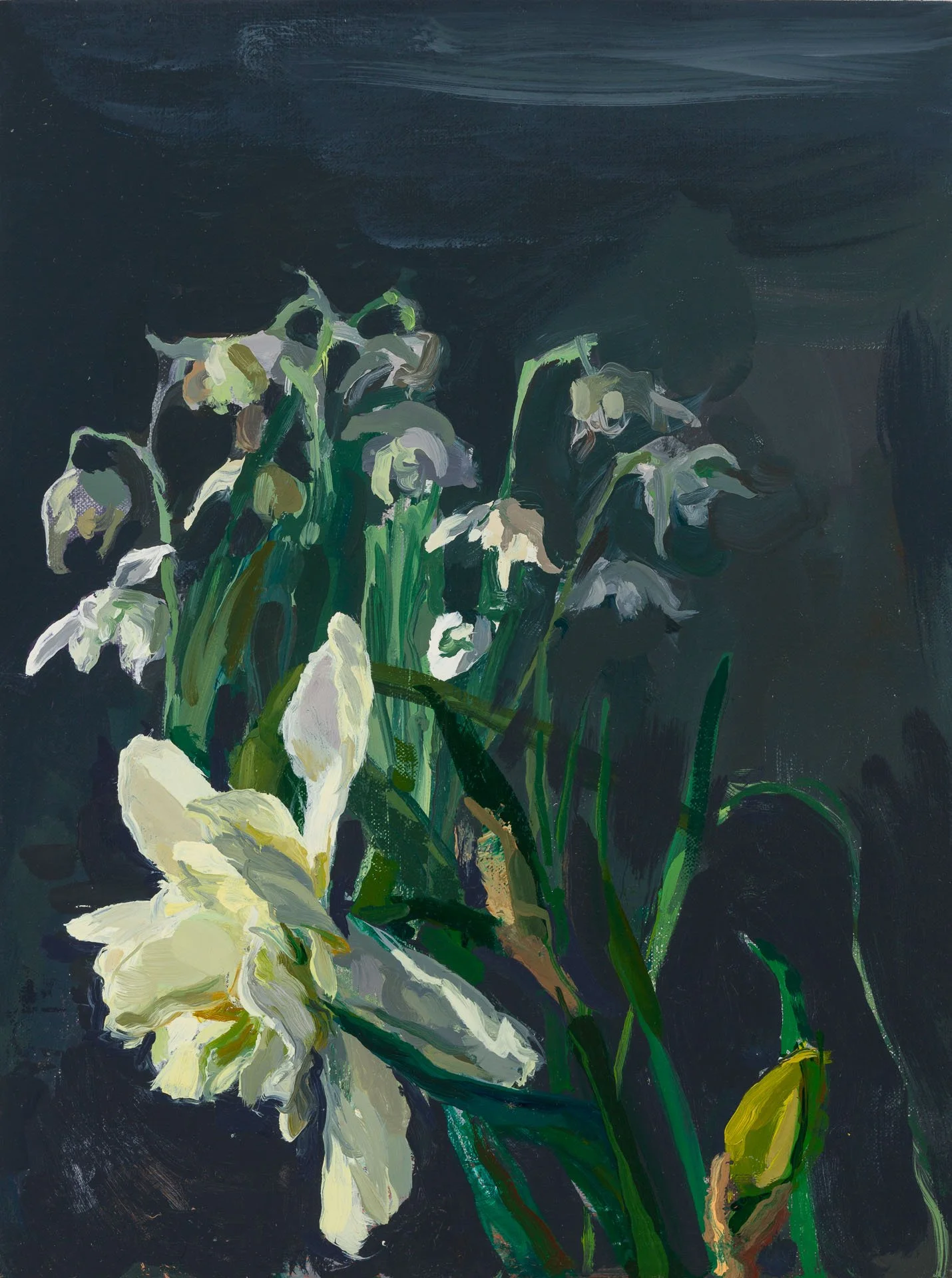 A painting of white and yellow iris flowers with green stems against a dark background.
