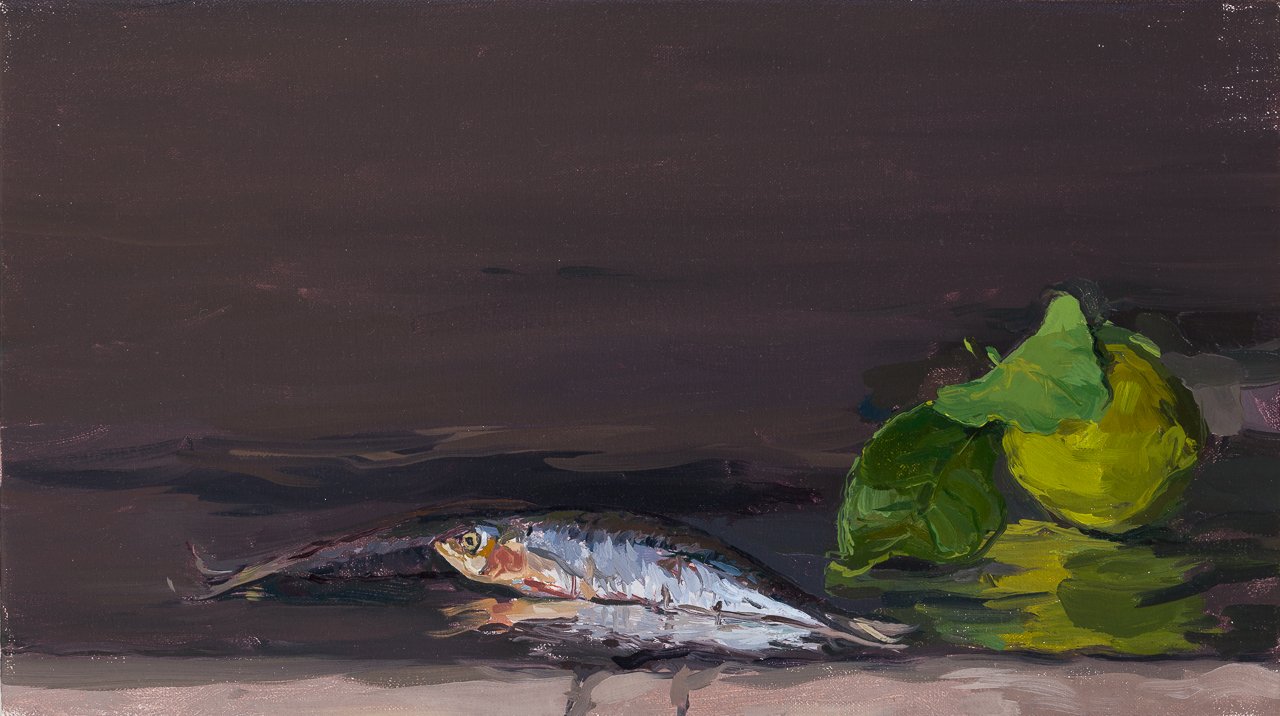 Twinkling His Skin, 2023, Oil on linen, 25.4 x 45.7cm