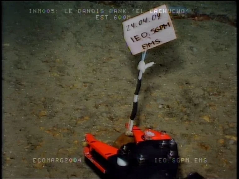 A small robotic device on the ground holding a white sign with handwritten information, including a date, time, and other notes, in what appears to be an underwater or muddy environment.