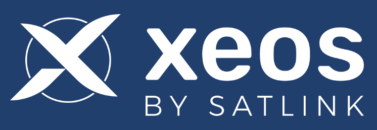XEOS logo with stylized X symbol and text 'XEOS BY SATLINK' on a dark blue background.