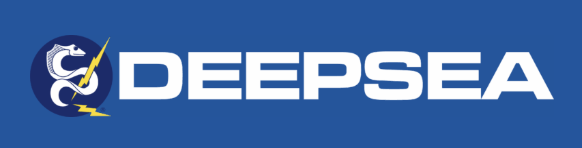 DeepSea logo featuring a stylized seahorse with a lightning bolt, on a blue background.