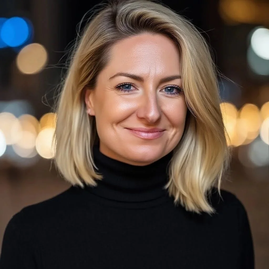 Blonde woman in black turtleneck sweater