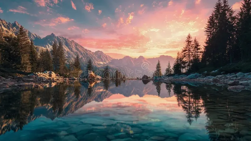 A tranquil lake surrounded by mountains and pine trees during sunset with pink and orange clouds reflected on the water.