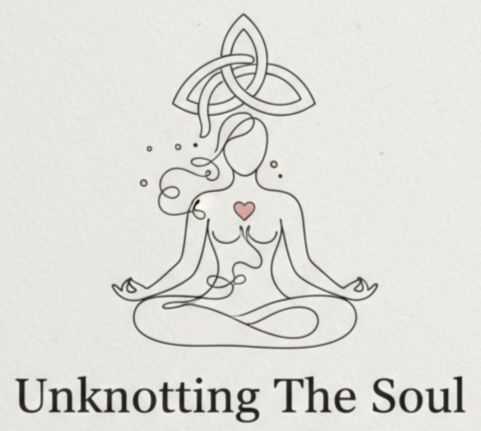 Line drawing of a woman sitting in a lotus position with a Celtic knot and a pink heart on her chest, and the phrase "Unknnoting The Soul" below.