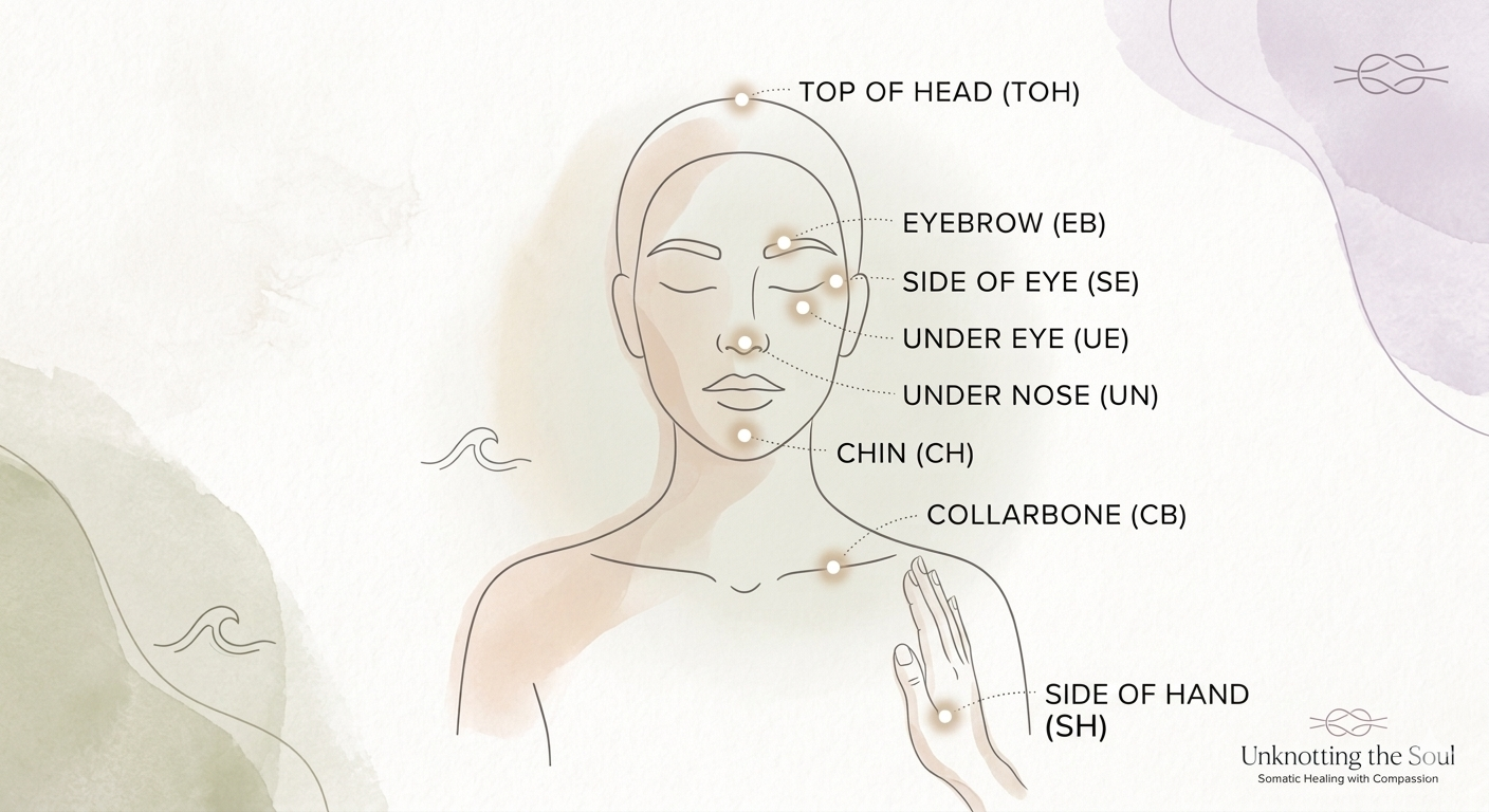 Illustration of a woman's face and hand with labeled acupuncture points: Top of Head (TOH), Eyebrow (EB), Side of Eye (SE), Under Eye (UE), Under Nose (UN), Chin (CH), Collarbone (CB), Side of Hand (SH).