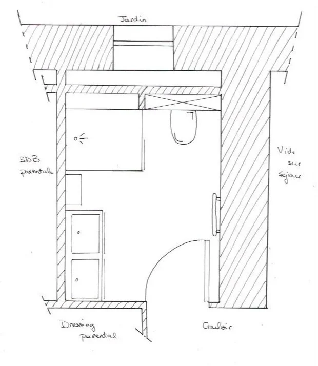 Plan d'une pièce avec toilettes, lavabo, douche et espace de rangement et des annotations.
