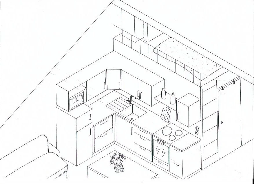 Illustration d'une cuisine en perspective avec meubles, évier, plaques de cuisson, micro-ondes, et accessoires de cuisine.