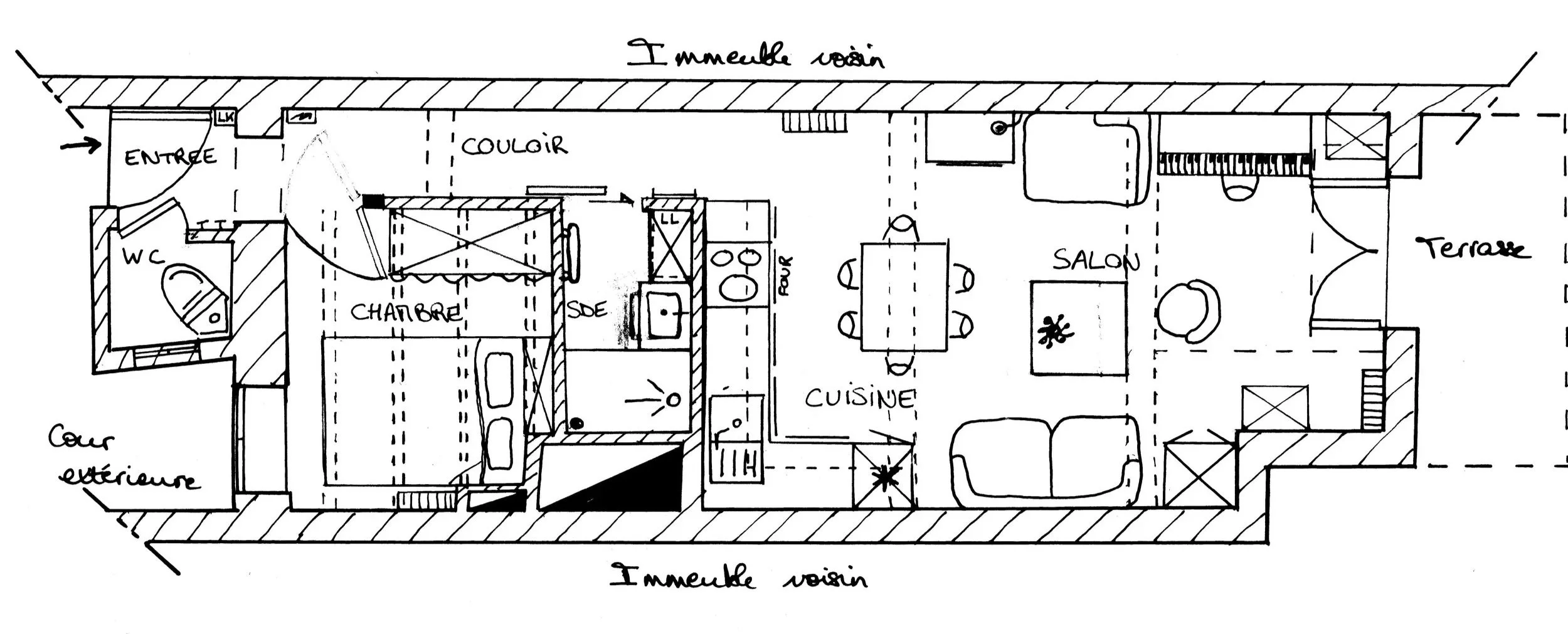 Plan d'un appartement avec entrée, WC, chambre, salle de bain, cuisine, salon, terrasse, et un couloir.
