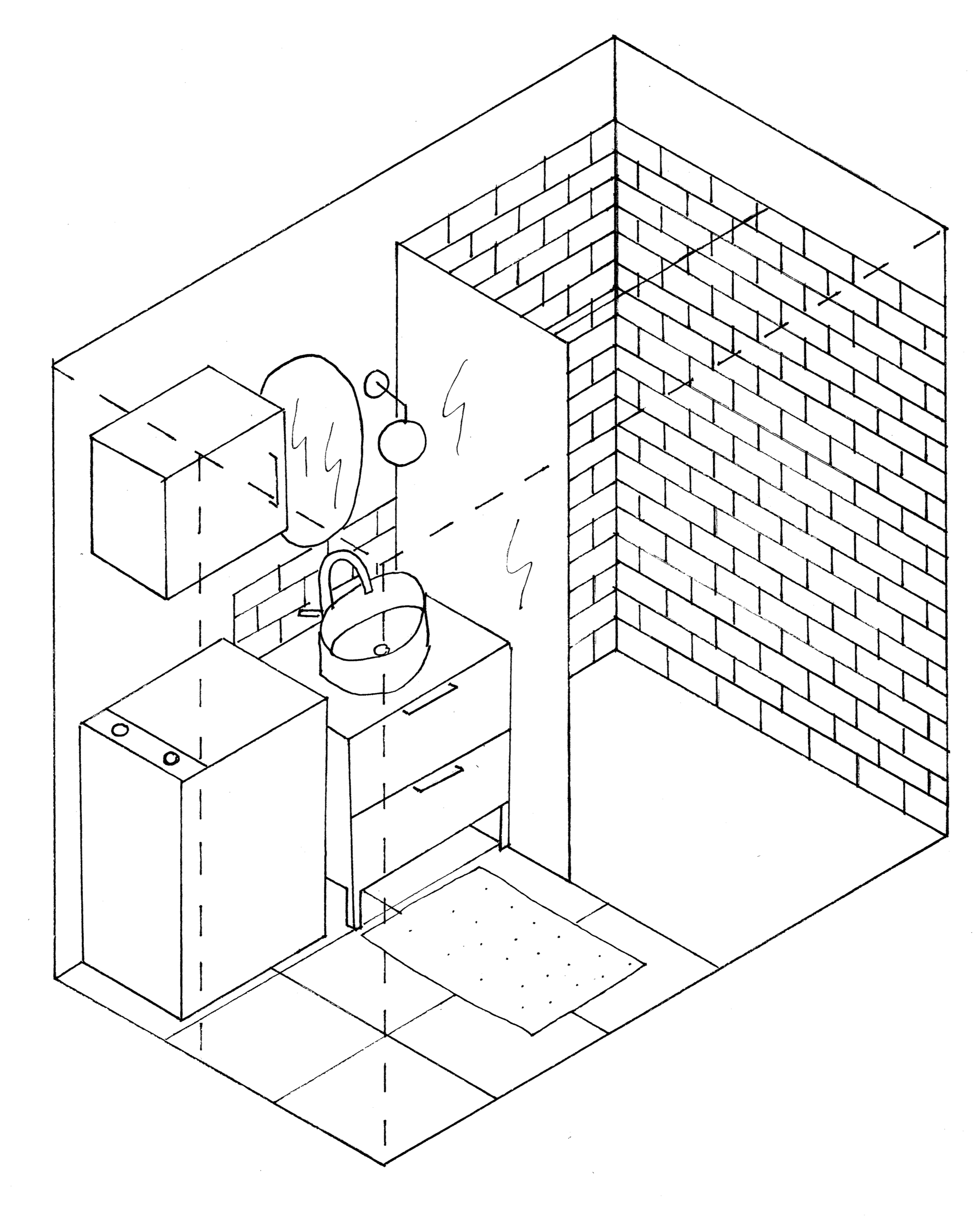Plan de salle de bain avec lave-linge, lavabo, miroir, meubles de rangement, espace douche avec mur en briques