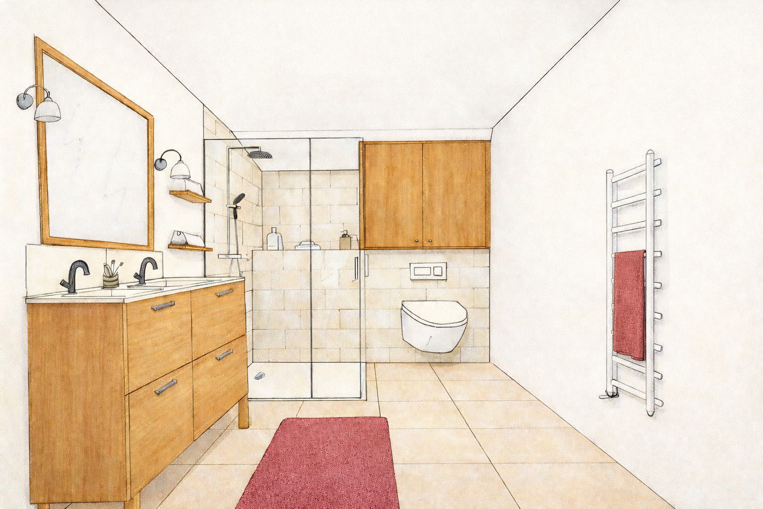 Une illustration d'une salle de bain avec un meuble en bois à double lavabo, un grand miroir, des étagères, une cabine de douche en verre, des armoires en bois, un WC suspendu, un radiateur sèche-serviettes avec une serviette rouge, et un tapis rouge.