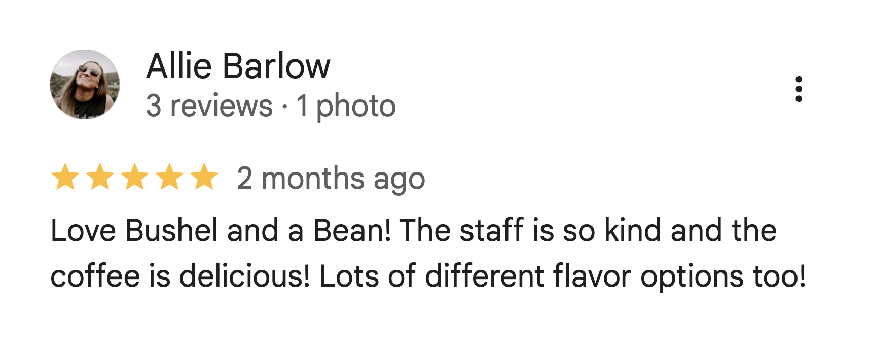 A Google review by Allie Barlow praising a coffee shop, mentioning friendly staff, delicious coffee, and various flavor options, accompanied by a profile picture of a woman with sunglasses and long hair.