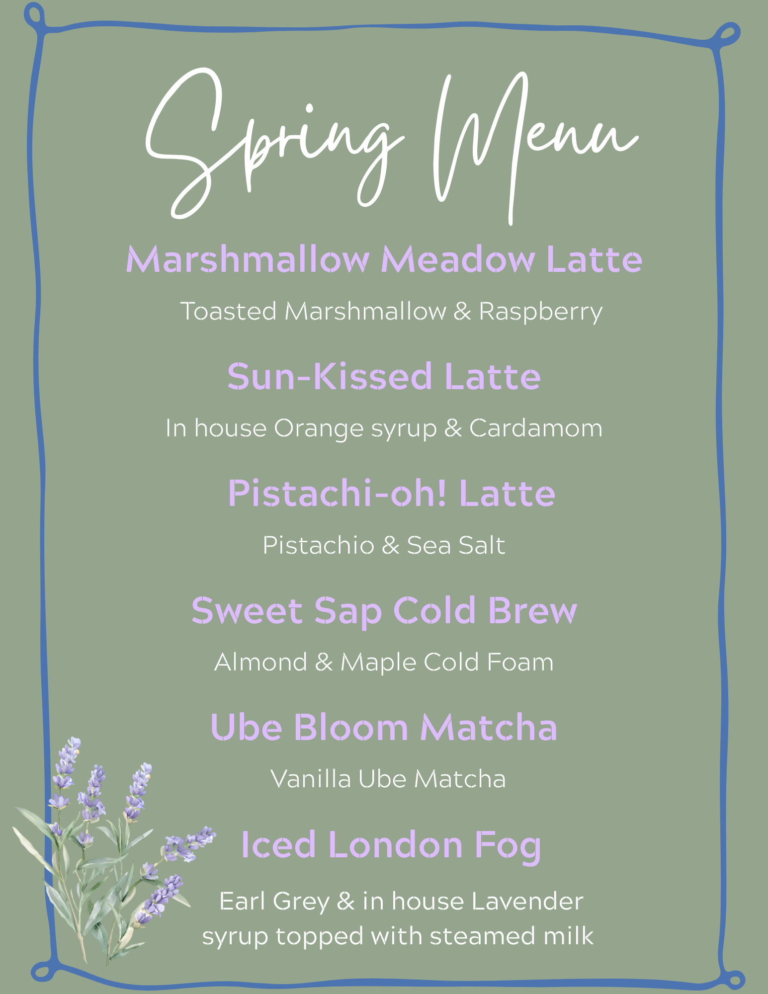 Spring menu board with pastel green background and blue border, listing specialty coffee drinks and a lavender illustration in the bottom left corner.