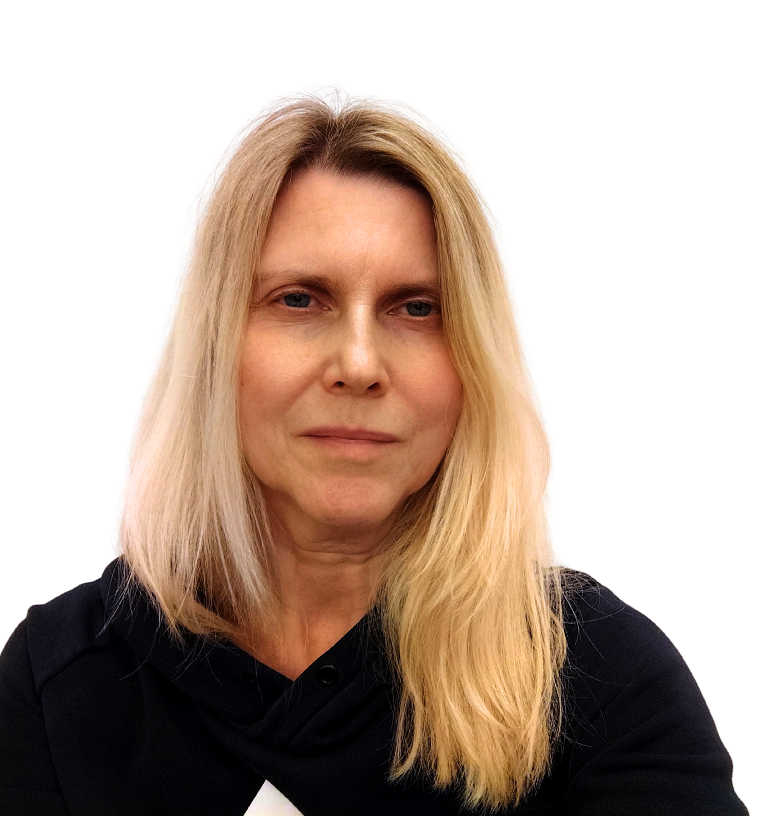 A woman with long blonde hair wearing a black top, looking at the camera with a neutral expression against a plain white background.