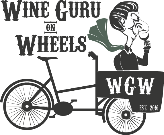 A logo featuring a person smelling a wine glass on a cargo bike, with the text 'Wine Guru on Wheels' and the initials 'WGW'.