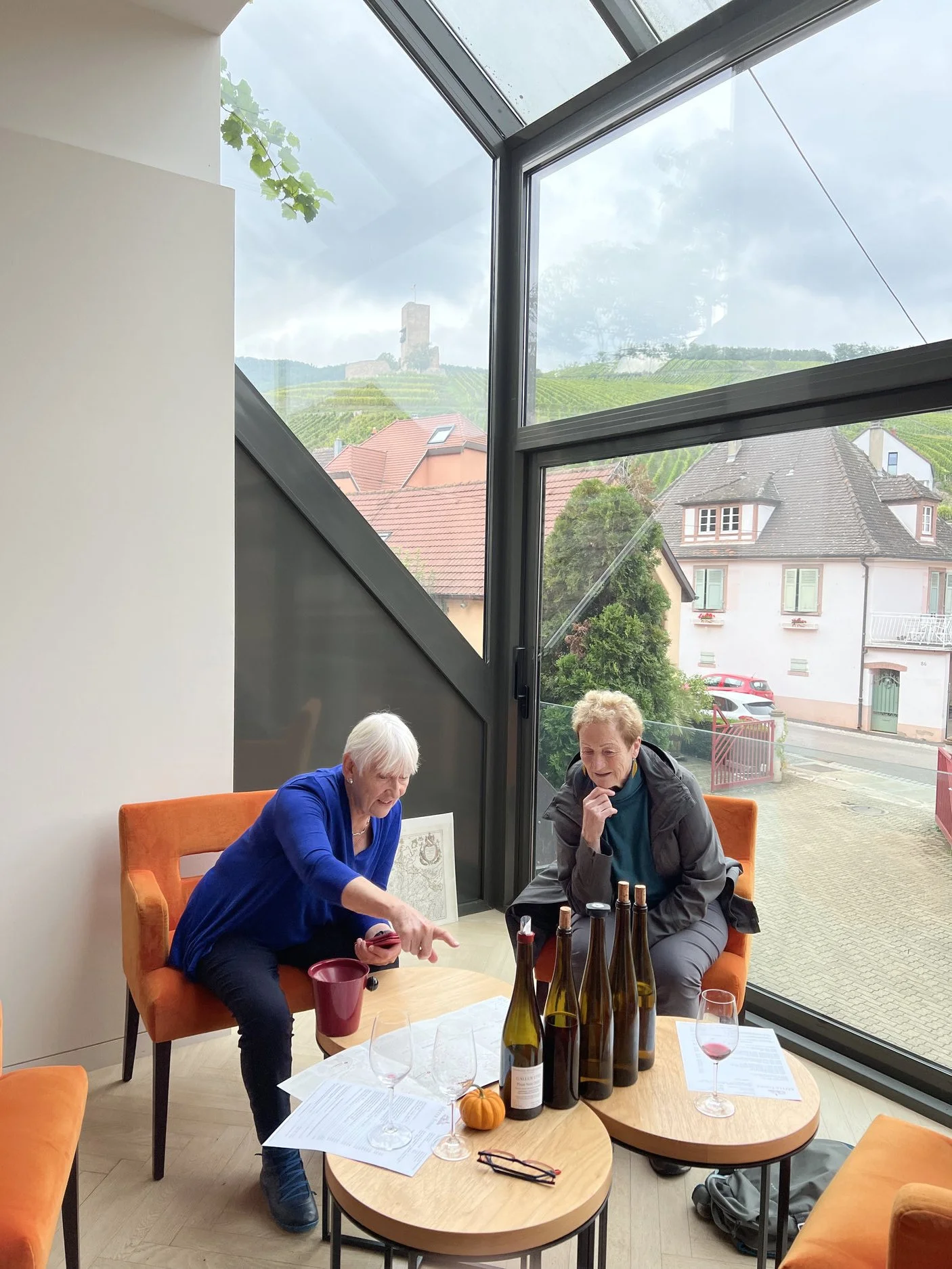 two wine lovers point at wine bottle in tasting room