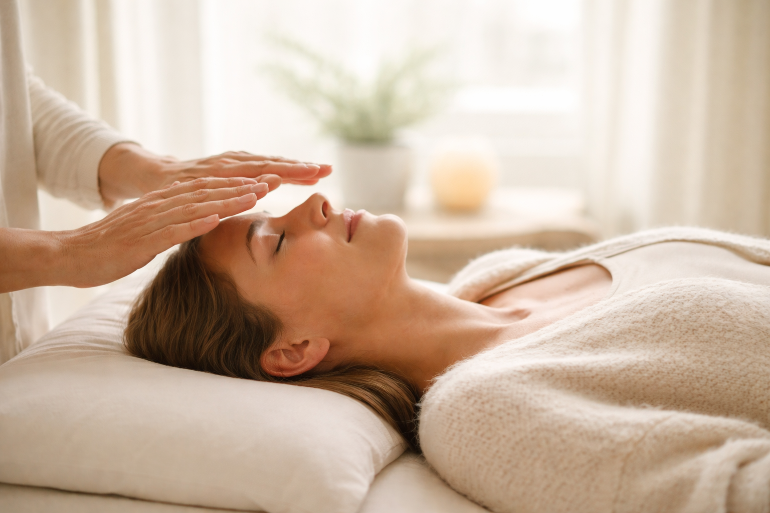 Kvinna får massage eller healing i ansiktet av en terapeut i ett lugnt, ljust rum.