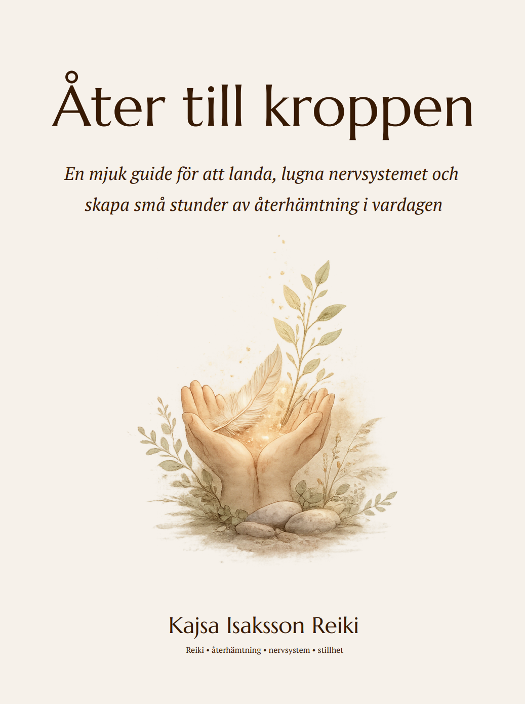 Omslagsbild av en bok med titeln "Åter till kroppen" av Kajsa Isaksson Reikii, med illustration av händer som håller en växande planta, omgiven av stenar och blad.