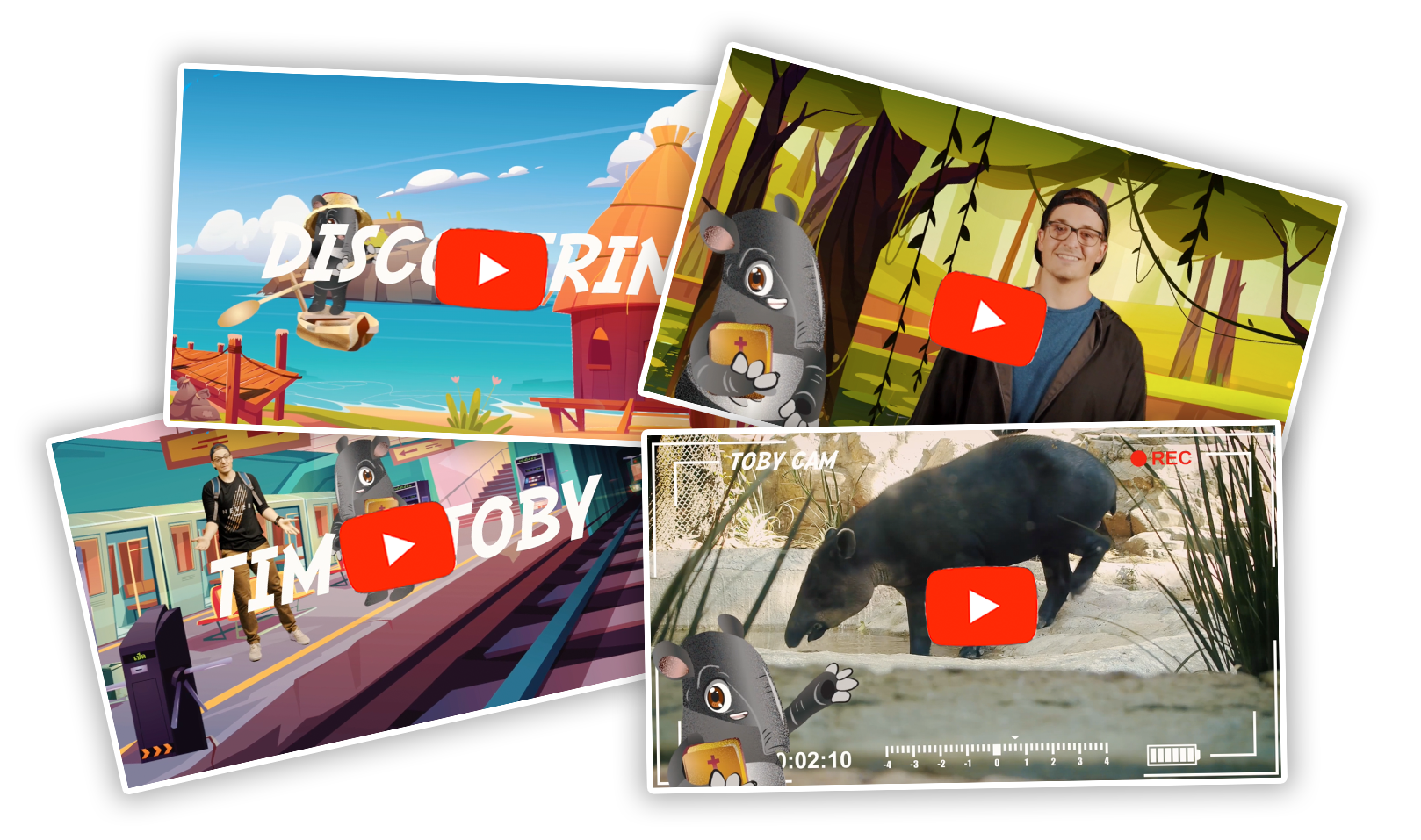 Collage of four animated and real-life YouTube video thumbnails showing children and animals, with play buttons overlaid.