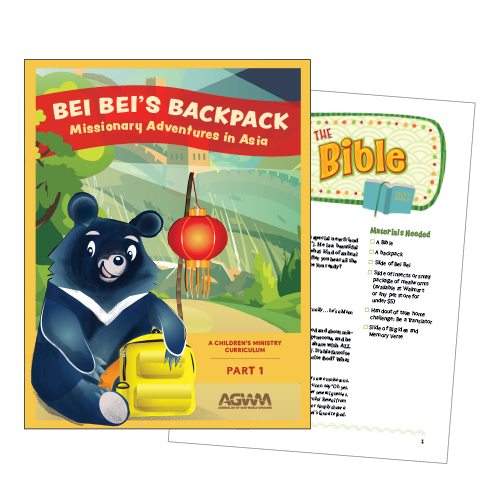 Children's backpack with a bear illustration and a children's Bible study booklet for missionary adventures in Asia.