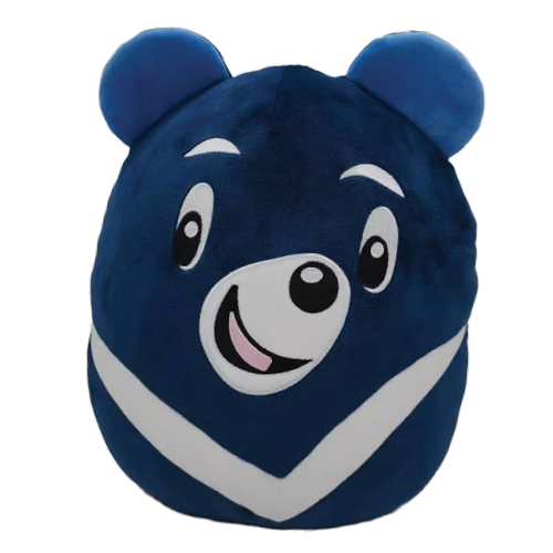 A plush toy of a blue bear with a cheerful facial expression, white eyebrows, and a white and blue striped design on its body.