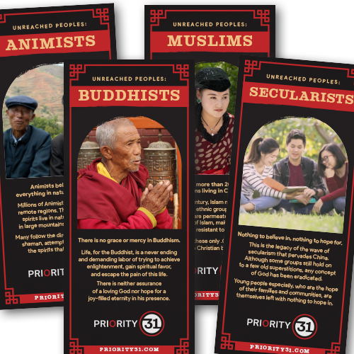 A collection of four brochures or flyers highlighting different religious or philosophical groups, including Animists, Buddhists, Muslims, and Secularists.