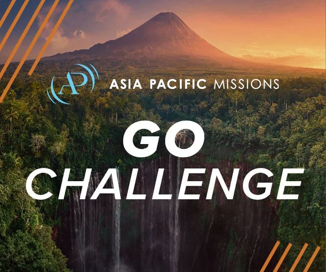 Scenic view of a mountain, lush forest, and a waterfall at sunset with event text for Asia Pacific Missions GO Challenge.