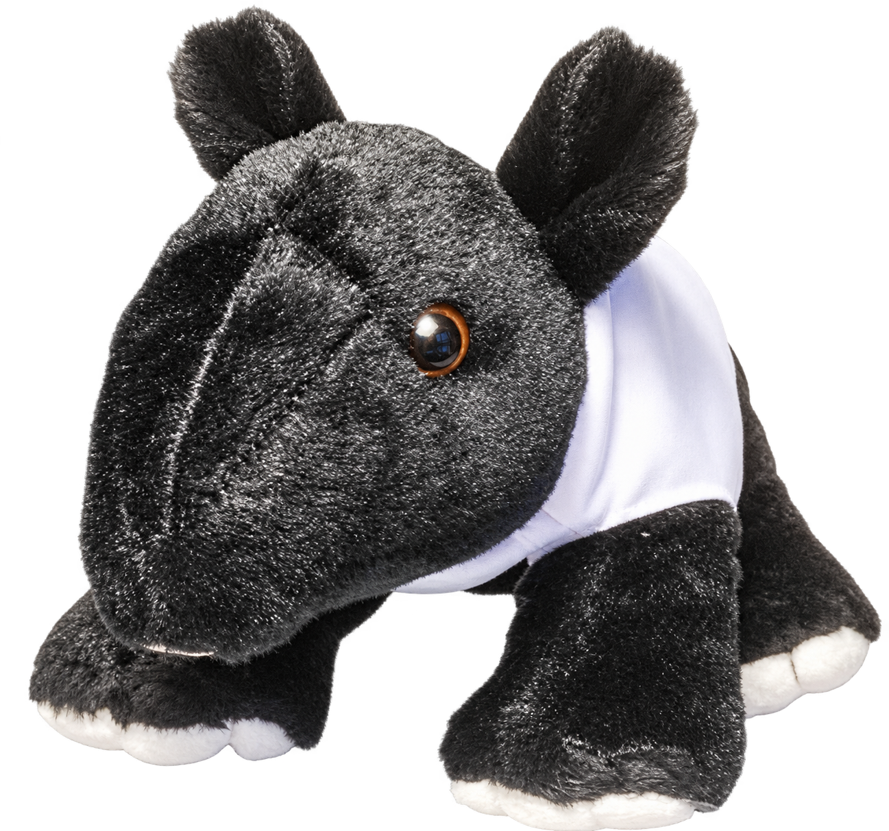 A plush stuffed animal resembling a koala bear with black fur, wearing a white shirt, and having shiny large eyes.
