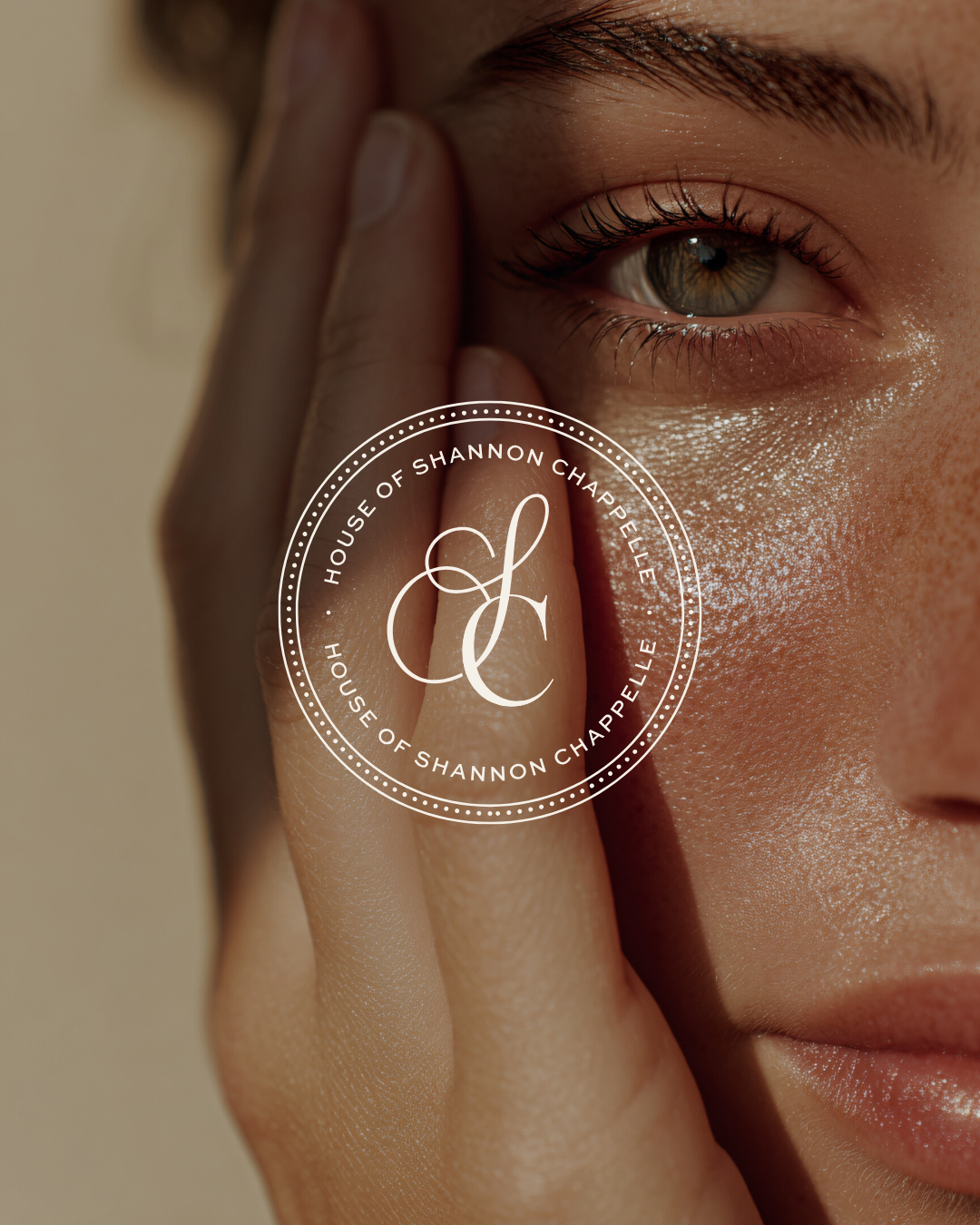 Close-up of a woman touching her face with her fingers, showing her eye and part of her lips, with a circular logo overlay for House of Shannon Chappelle in the center.