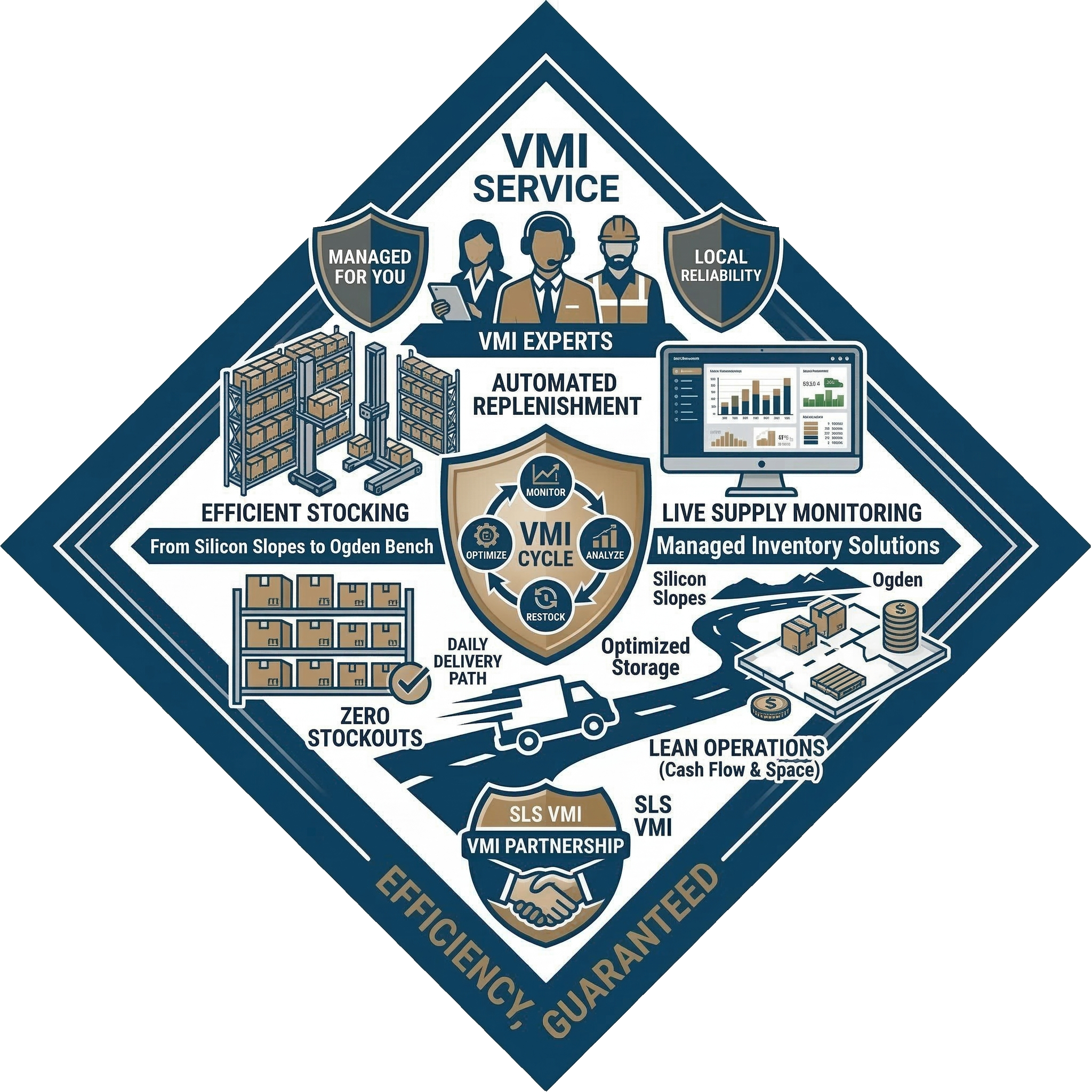 A detailed infographic about VMI service highlighting features like automated replenishment, efficient stocking, live supply monitoring, and lean operations, with icons of shelves, a monitor, truck, and partnership handshake.
