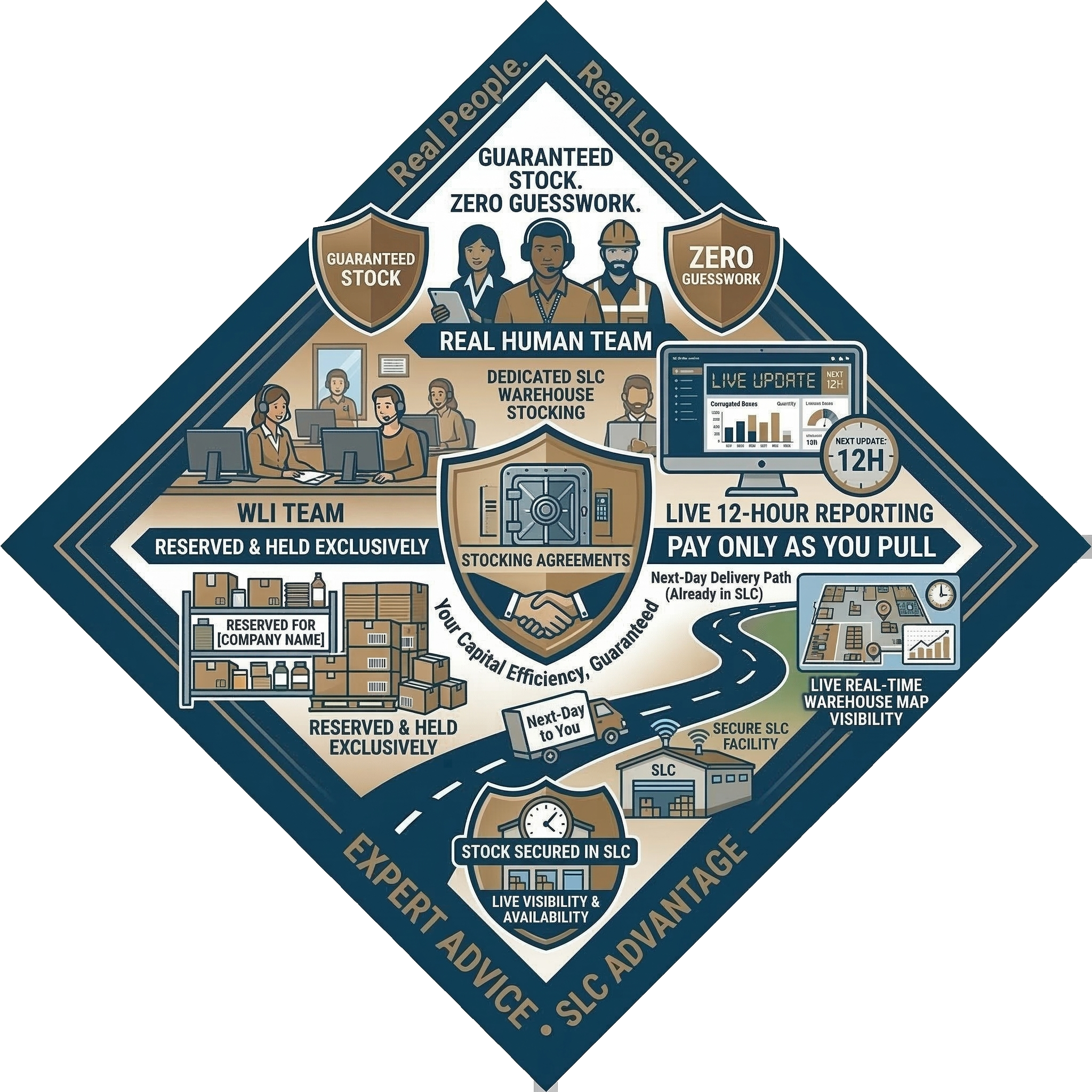 An informational infographic illustrating warehouse stock management processes, including a human team, warehouse stocking, real-time reporting, map visibility, and secure storage with emphasis on efficiency, transparency, and no guesswork.