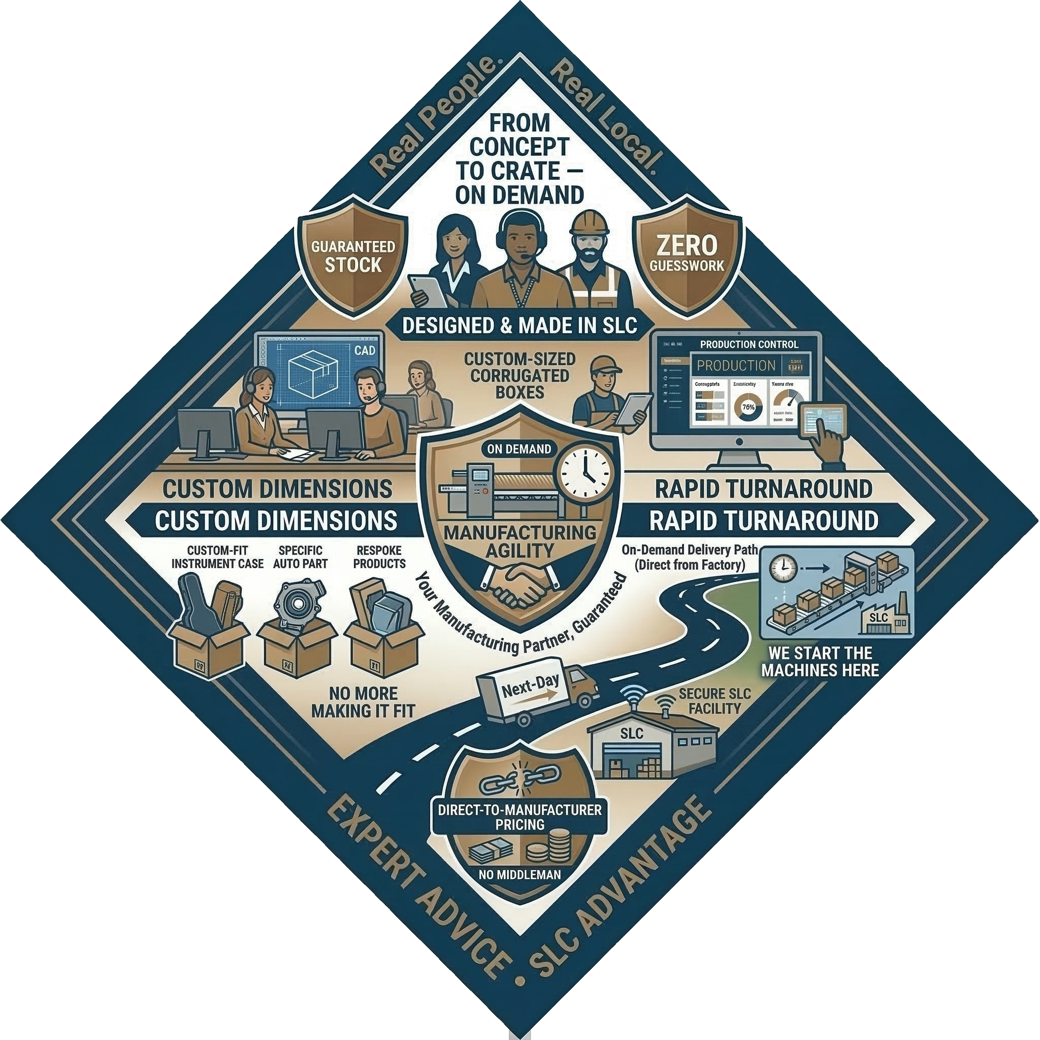 Infographic describing SLC manufacturing process, featuring custom-sized corrugated boxes, rapid turnaround, on-demand delivery, direct-to-manufacturer pricing, and guaranteed stock with zero guesswork.