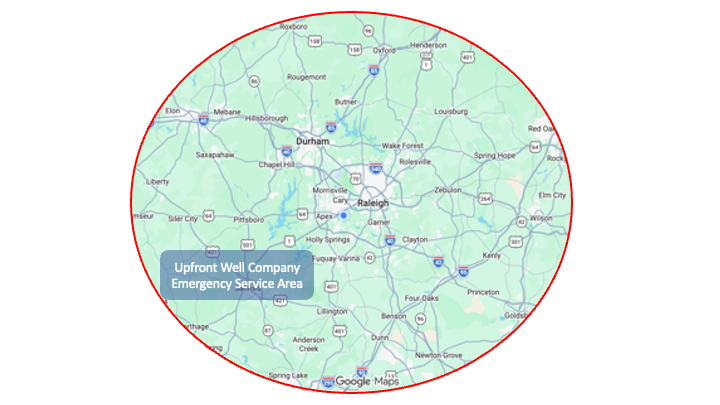 Service area map for Upfront Well Company covering Raleigh, Cary, Apex, Wake Forest, Louisburg, Pittsboro, and Chapel Hill NC for well drilling and pump repair.