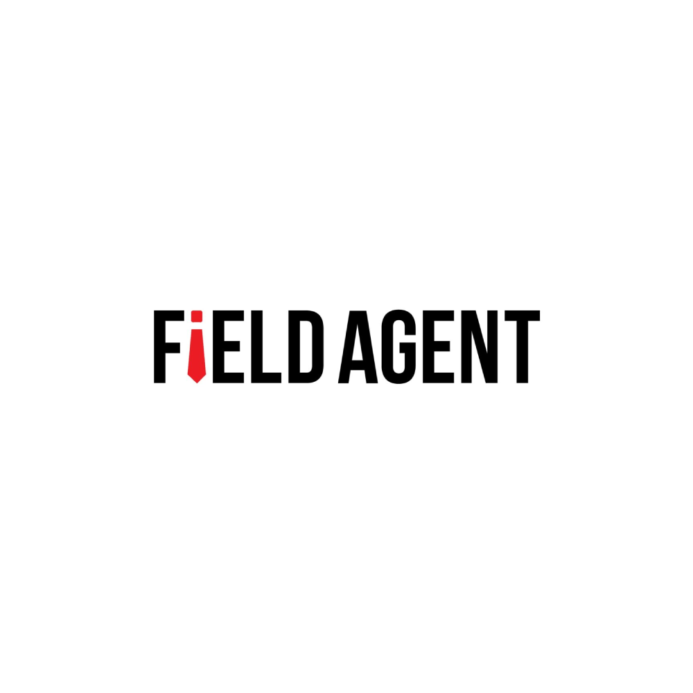 Logo with the word 'FIELD AGENT', with the 'I' stylized as a red tie.